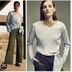 Theory Serah stretch cotton tie waist blouse powder blue long sleeve Size XS